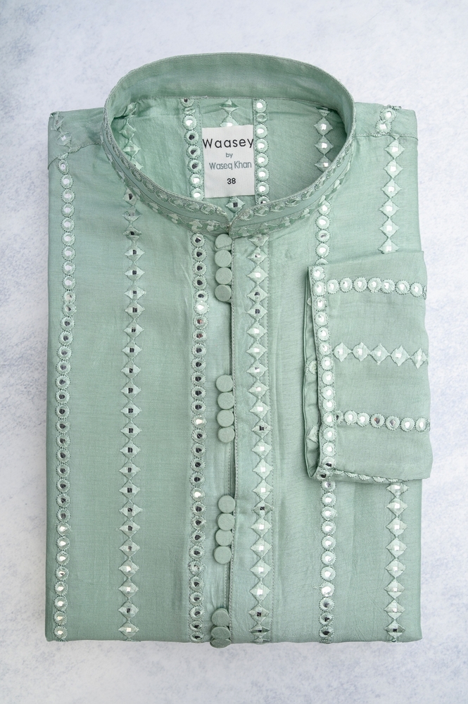 Aqua Panjabi with Textured Striped Embroidery